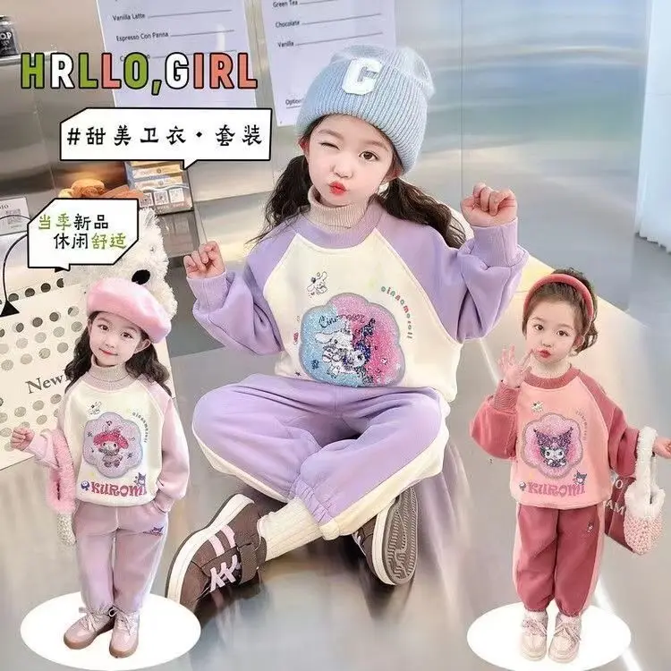 Sanrio Kids Kuromi Cartoon Cute Print Spring Autumn Cotton 2Pcs Suit Hoodie+Jogging Pants Tracksuits Girls Casual Clothes Set