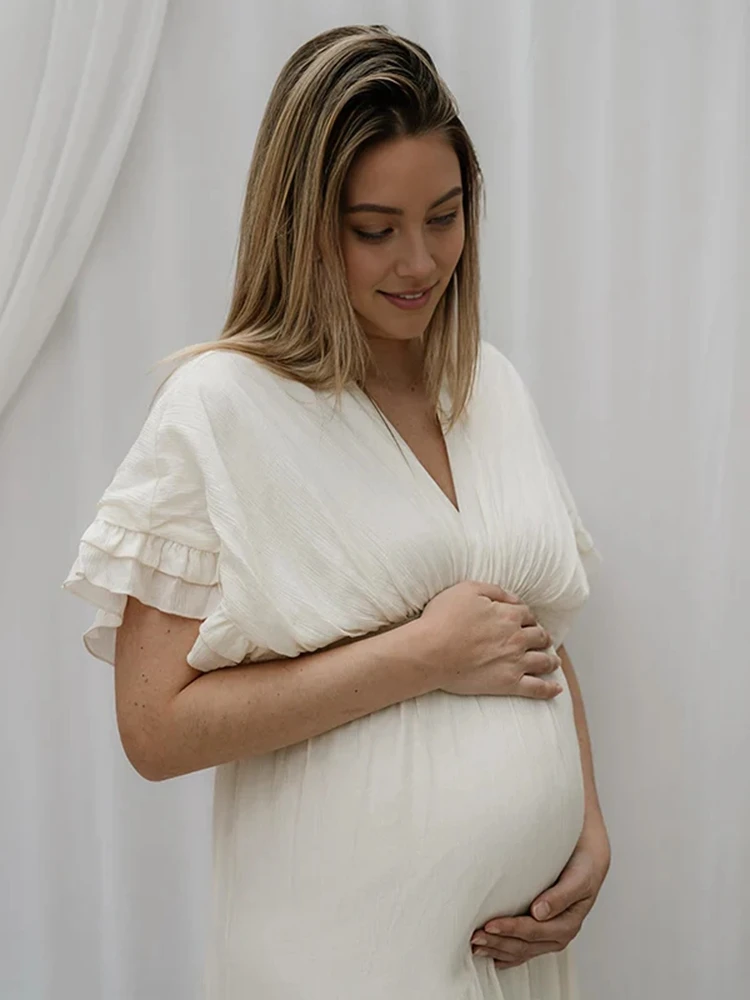 فستان حمل التقطت الصور الأبيض كشكش Ruched بوهو الخامس الرقبة ماكسي كبير سوينغ ثوب الحمل لاستحمام الطفل التقطت الصور