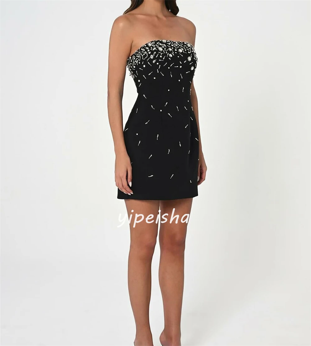 Jersey Rhinestone Beading Valentine's Day A-line Strapless Bespoke Occasion Gown Short Dresses