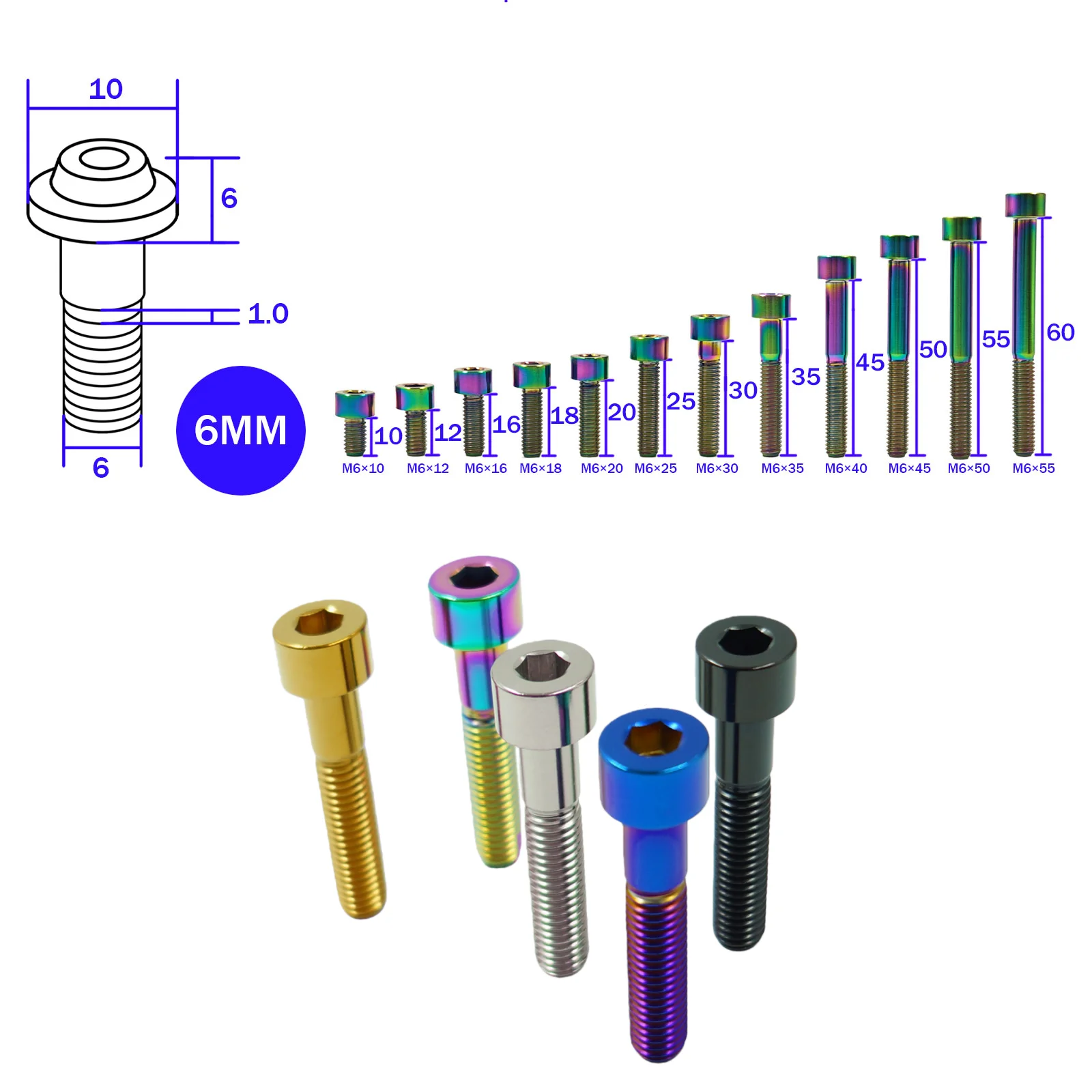 Titanium Bolt M6 Hex Socket Upgrade Screws for Bicycle Motorcycle Scooter - Lengths 10-60mm