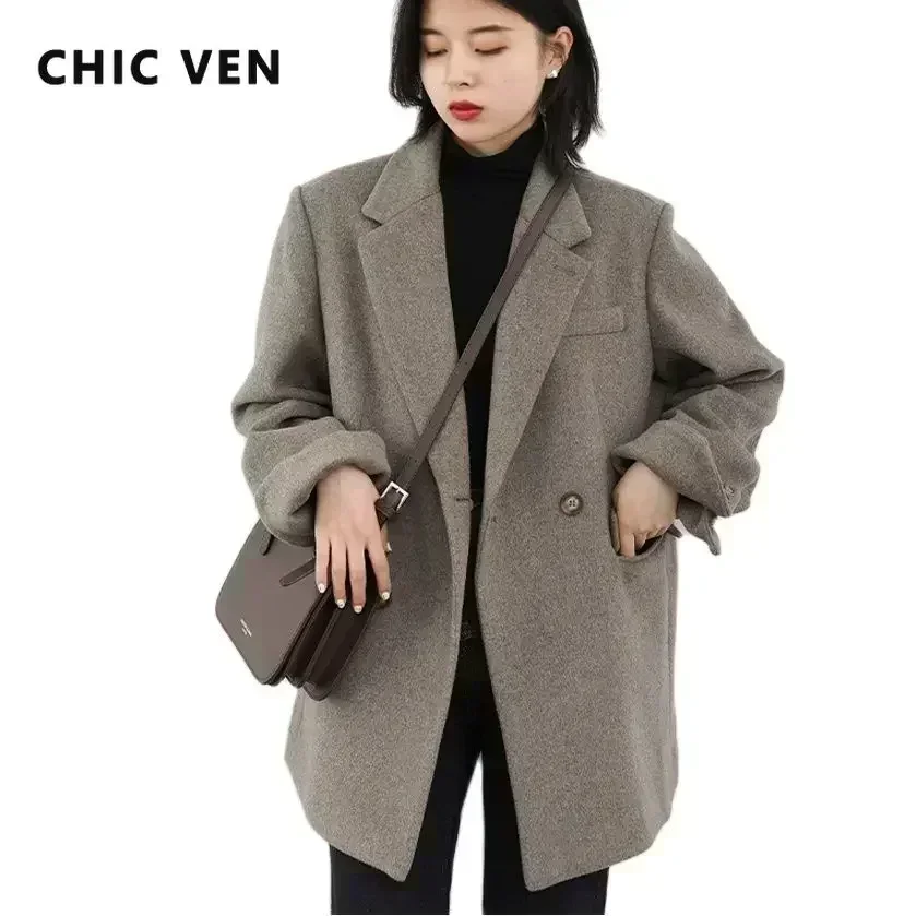 CHIC VEN-Blazer de lana para mujer, chaqueta gruesa y cálida con forro de algodón, abrigo de Color sólido, Tops de oficina para Otoño e Invierno
