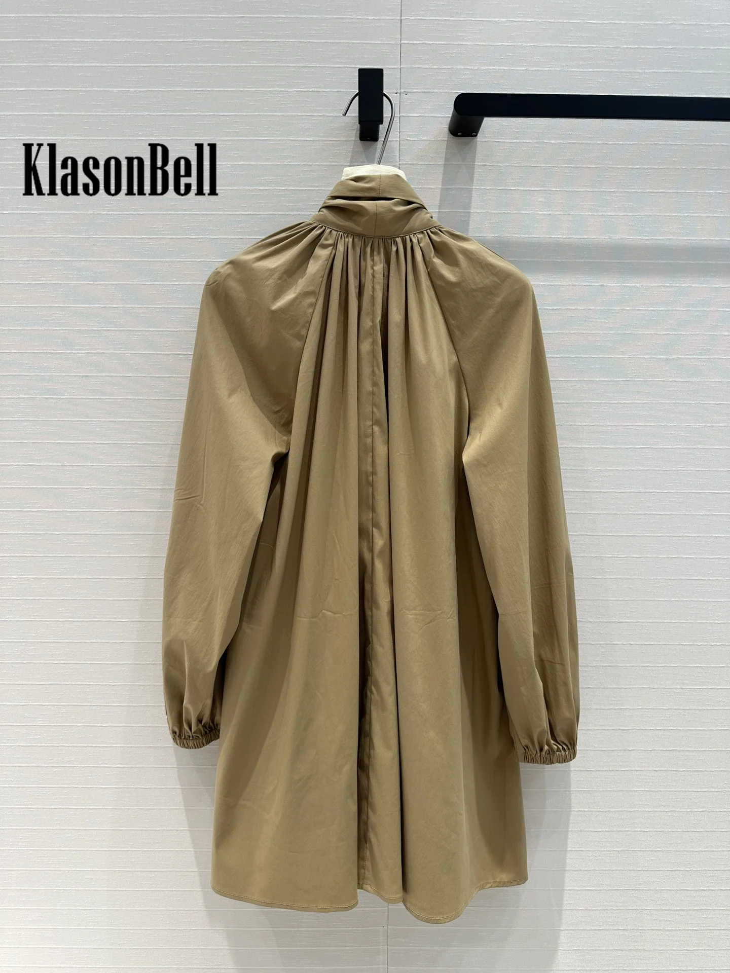 8.23 KlasonBell Women Clothes Fashion Ruched Ribbon Bow Shirt Dress Puff Sleeve Elastic Cuff Loose Commuter A-Line Mini Dress