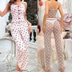 Sexy Women's Pajamas 2 Pieces Sheer Mesh Loungewear Sets Heart Print Cami Tops and Elastic Waist Pants Y2K Sleepwear