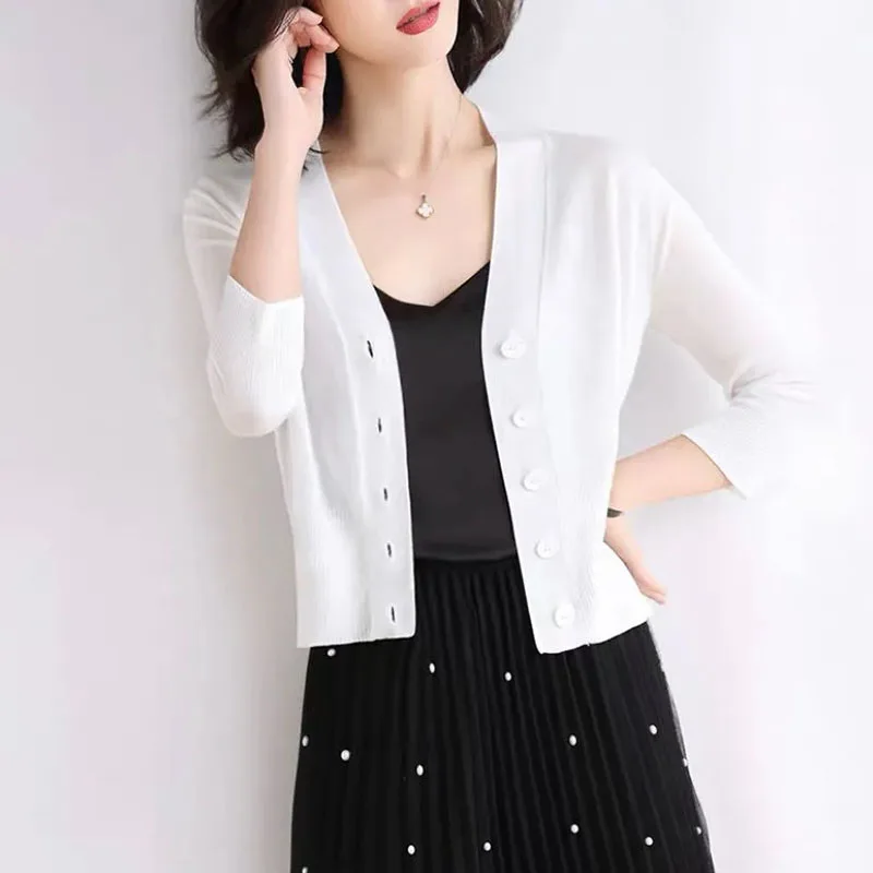 Thin 3/4 Sleeve Knit Sunscreen Cardigan Feminino Outwear Summer Elegant Slim Short Coat Korean Casual Knitwear Strickjacke New