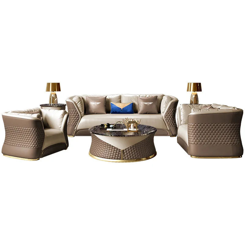 

Postmodern light luxury leather sofa large apartment living room combination luxury villa furniture Hong Kong-style first-layer
