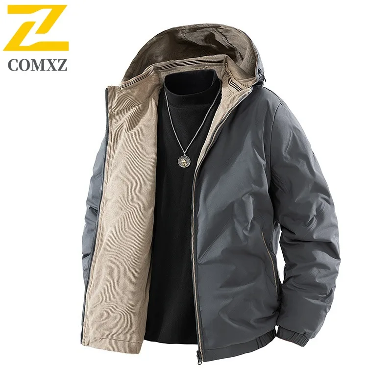 

COMXZ Мужская приключенческая пуховая куртка с капюшоном для отдыха на открытом воздухе, утепленная теплая парка, повседневная модная легкая зимняя стеганая куртка