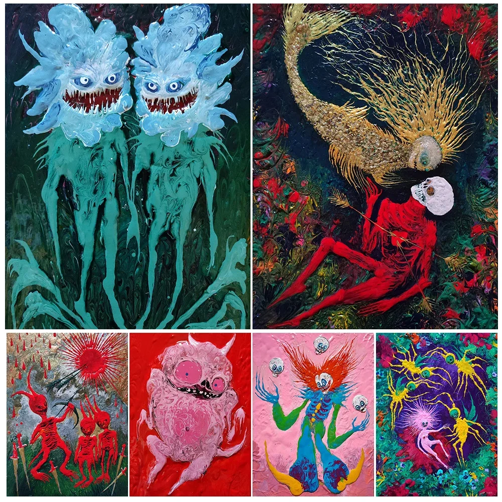 Fencing Clown,Flying Demon,Scarecrow Ghost Vintage Wall Art Canvas Painting Magic Creature Abstract Art Poster Print Home Decor
