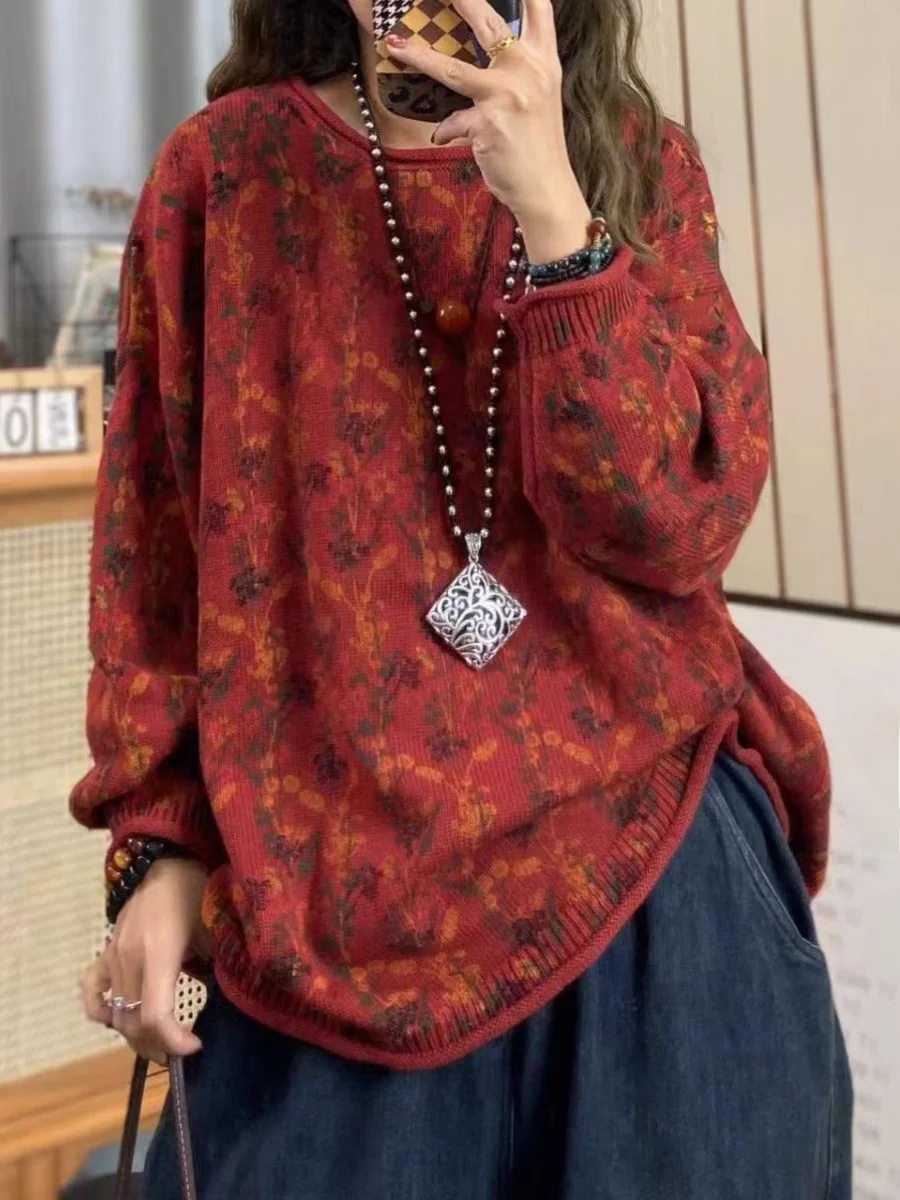 

Retro Floral round Ne Knitted Loose Fit Cotton Sweater Spring 2025 New Sle Comfortable Slimming Versatile Overhead Knitwear