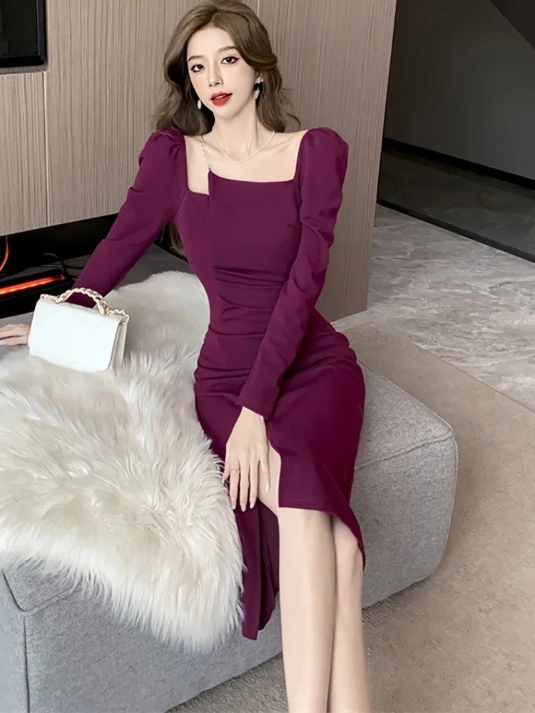 Autumn Winter Purple Long Sleeve Bodycon Prom Dress Women Solid Elegant  Chain Square Collar Dress 2026 Korean Luxury Party Dress - AliExpress  200000345