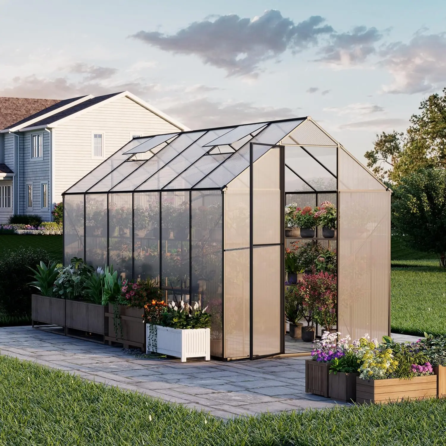 

6x12ft Walk-in Greenhouse for Outdoors, Large Polycarbonate Greenhouses with Heavy Duty Aluminum Frame, Adjustable Roof Vent, Lo