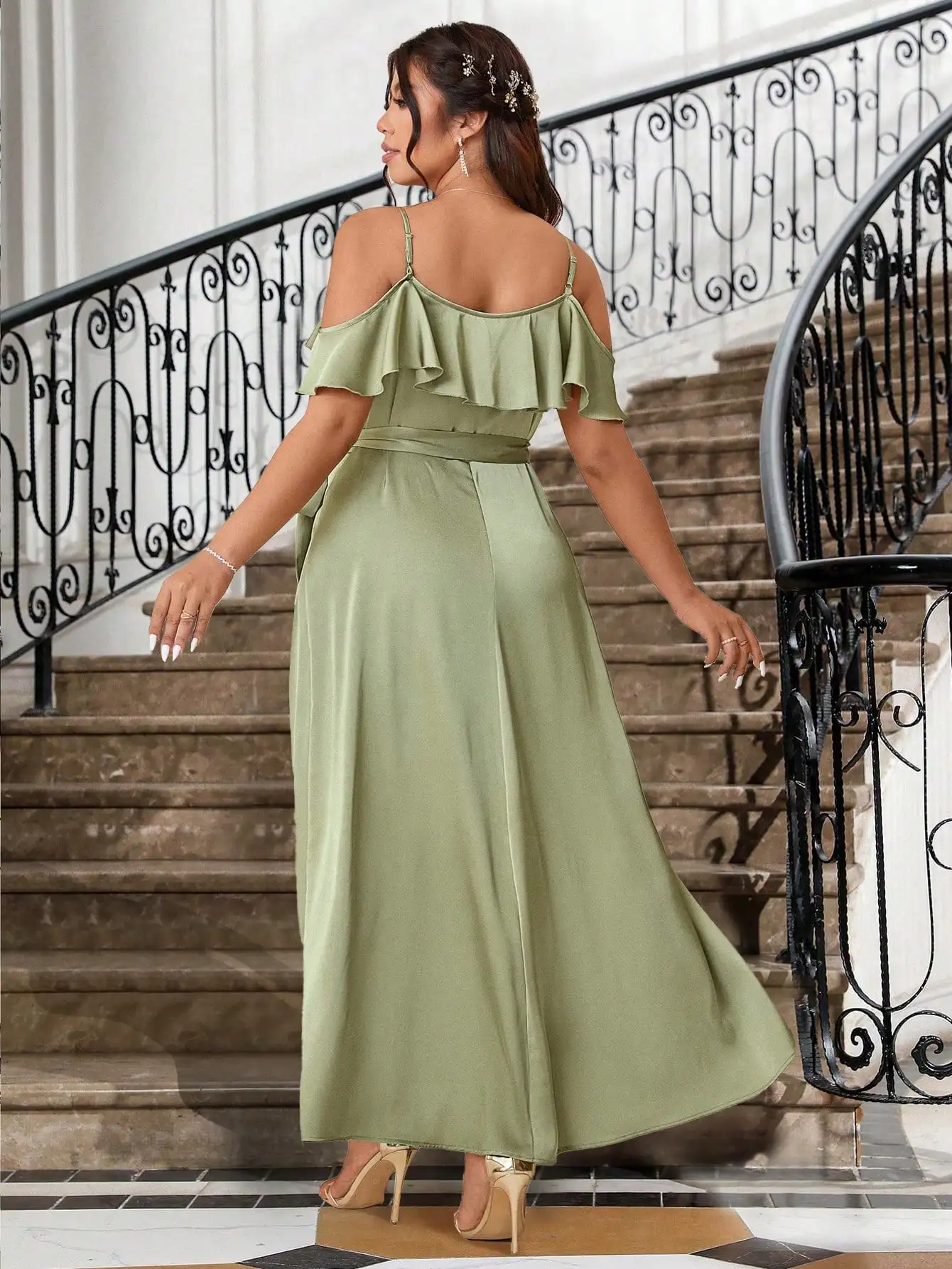 Elegant Mint Green Satin Off-Shoulder Maxi Dress – Ruffled V-Neck with Side Slit & Waist Tie for Bridesmaid or Evening Wear