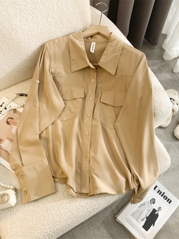 

Khaki Casual Loose Cotton Linen irt Women's Spring Autumn Korean Sle Vintage Lazy Faion Single Button Top