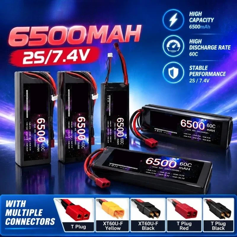 For Model Aircraft RC 7.4V 2S 6500mAh 60C Hard Case LiPo Battery for Remote Control Climbing Vehicle High Capacity