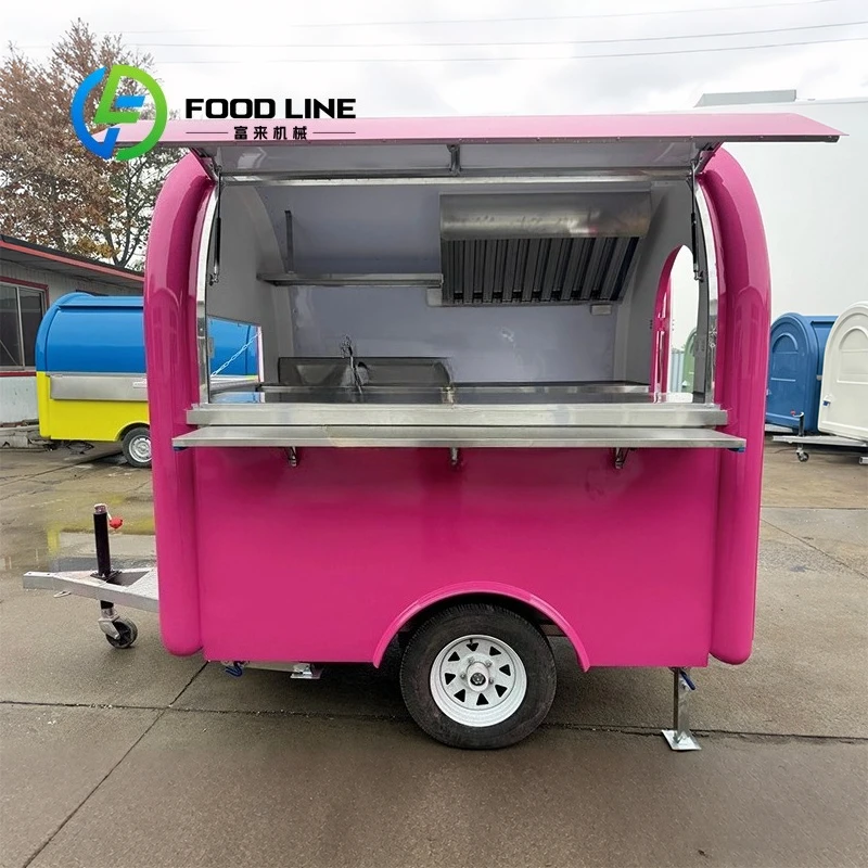 

Stainless Steel Kitchen Pink Mobile Food Trailer CE Certified Rust Resistant Concession Cart for Chips Customized