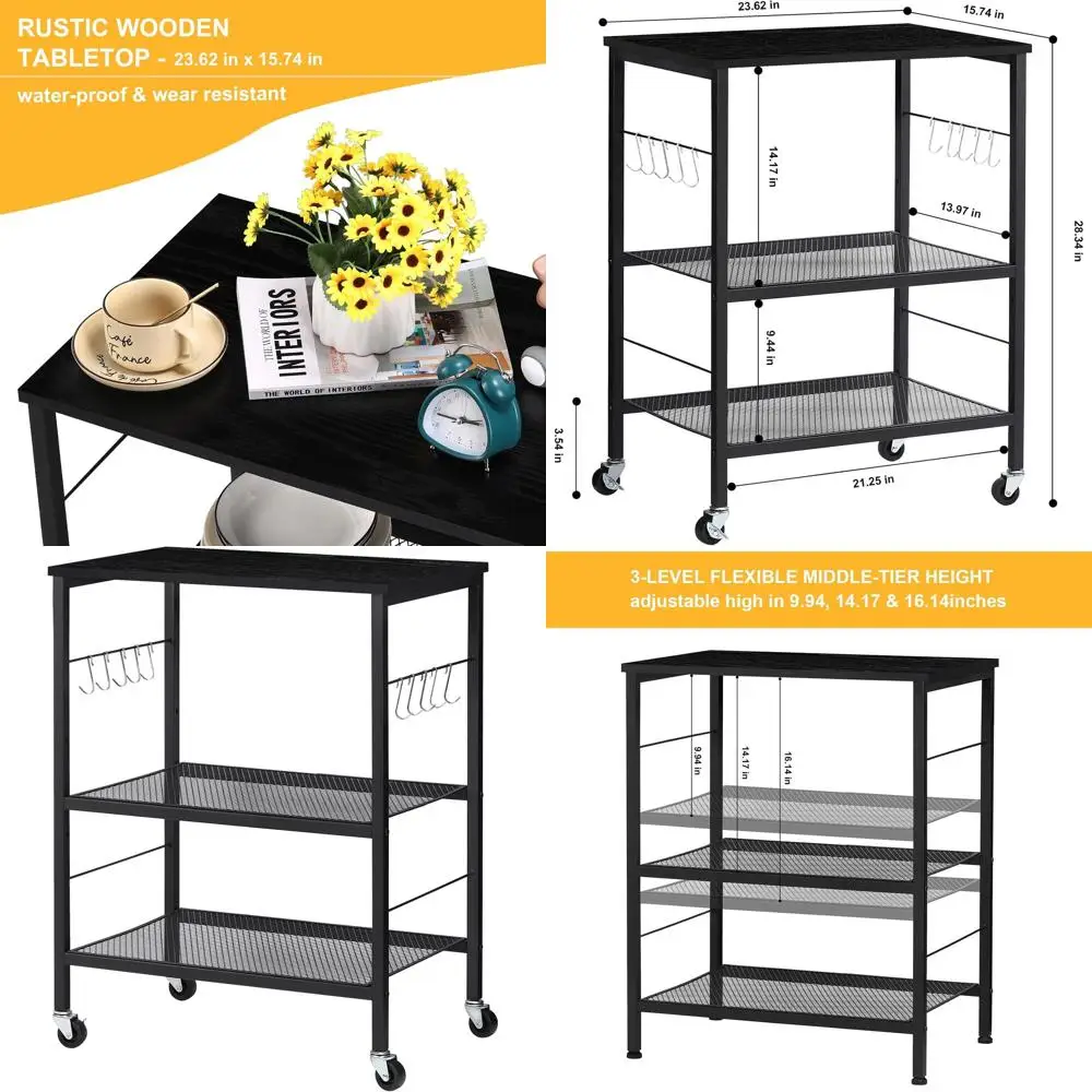 

3-уровневая тележка для микроволновой печи с полезным хранилищем, мобильная кухонная полка, черная кофейная тележка для дома и офиса