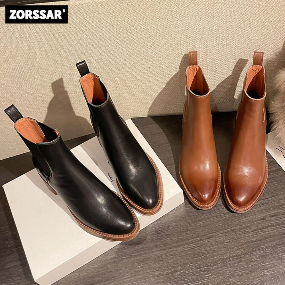 2024 Genuine Leather Women Chelsea Boots Chunky Heel Short Boots Slip On Elastic Woman Ankle Boots 2024 Autumn New Ladies Shoes