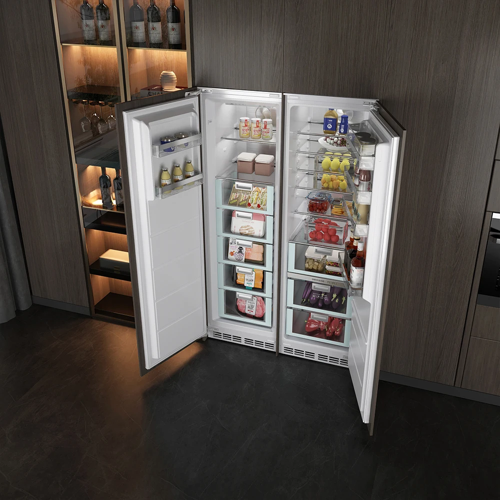 ثلاجة مدمجة بوصة بتصميم باب فرنسي، ثلاجة متكاملة مع تحكم ذكي، معتمدة من نجمة الطاقة
