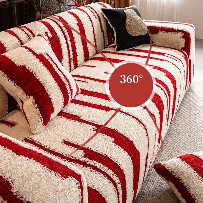 Striped Contrast Polar Fleece Sofa Cover Red Elastic Plush Couch Slipcover for Office Living Room Furniture Protector for Winter