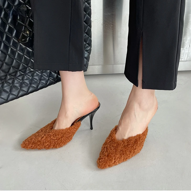 

2022 European Station Cotton Slippers Luxury Rabbit Fur High Heels Warm Cotton Slippers Women Party Women's Shoes Zapatos Mujer