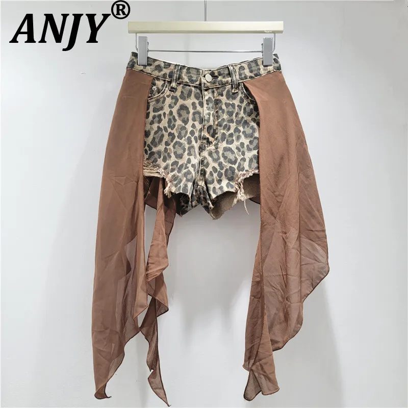 

ANJY Summer New Women Streetwear Unique Design Ins Trendy Leopard Printed Denim Patchwork Irregular Mesh Casual Hot Shorts A7676