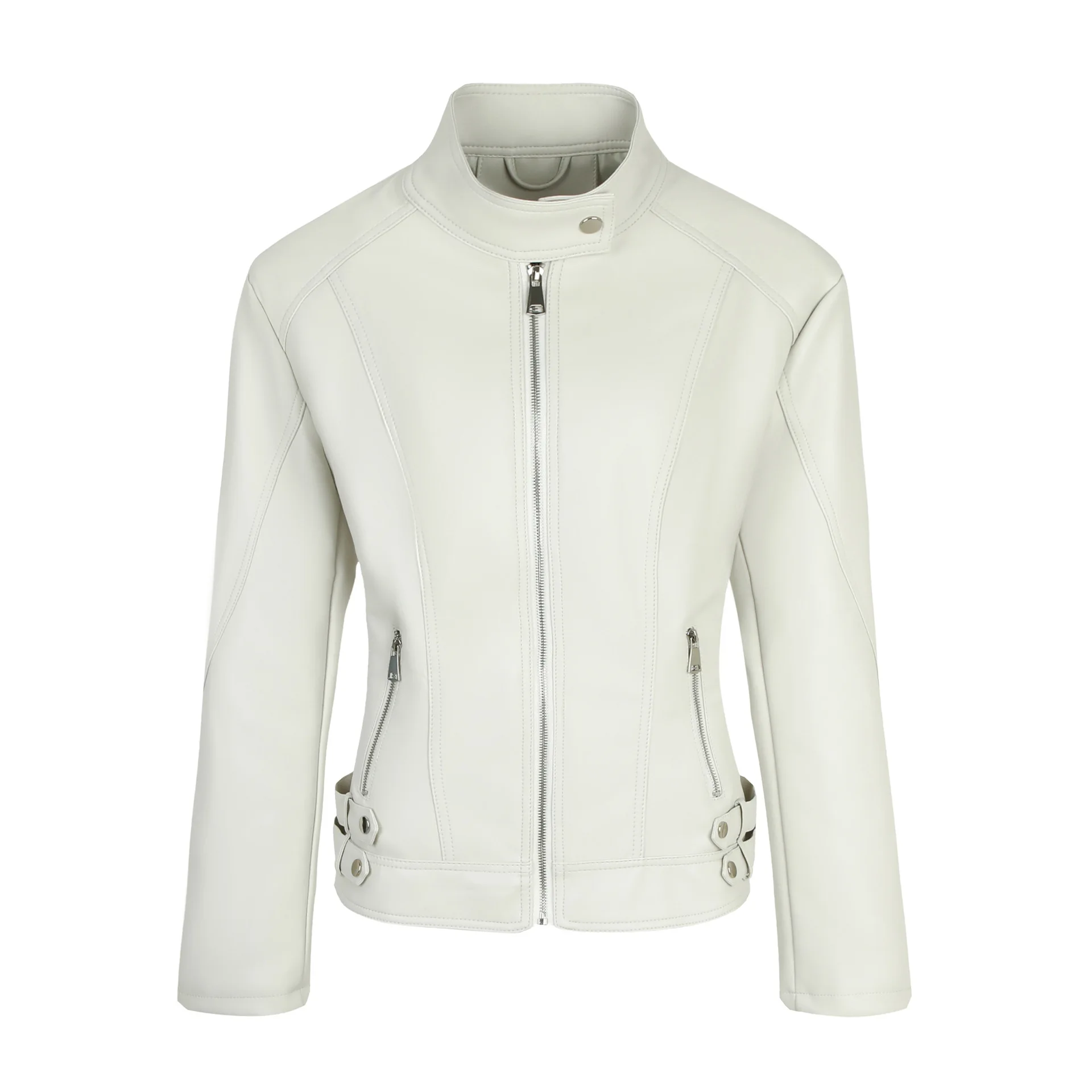 

Women's Slim Pu Biker Jacket - Zipper Front & 2 Pockets | Adjust Waist | Stand Collar | Metal Studs | 5 Colors | 3-Season ⚡️
