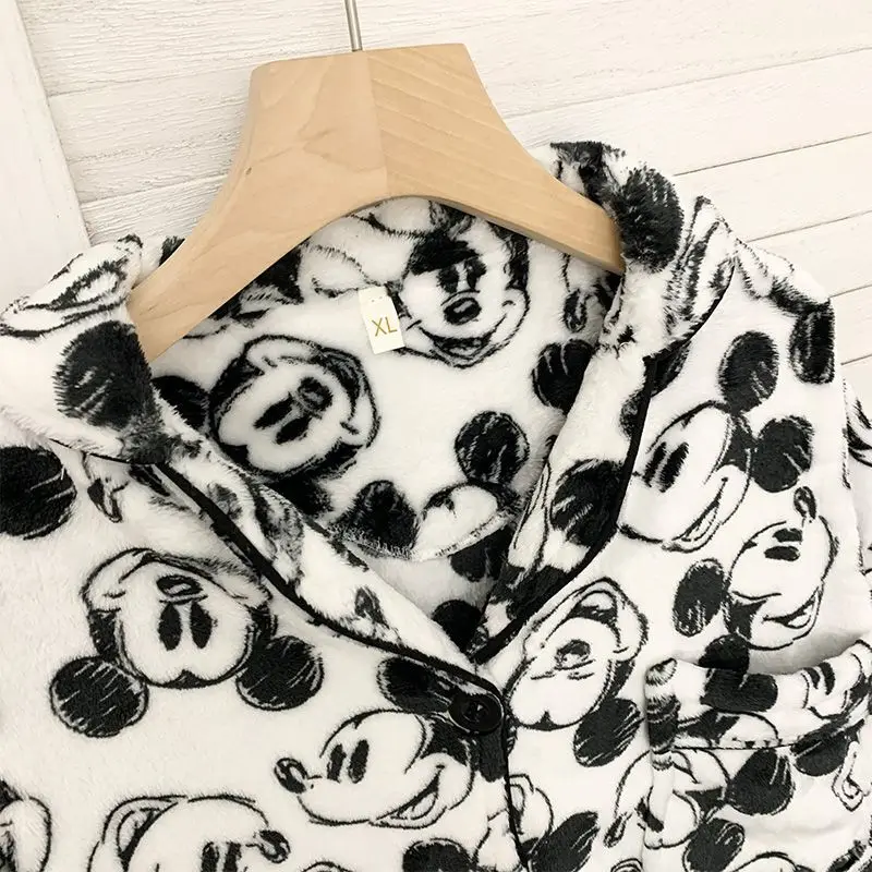 Korean Mickey Plush Fuzzy Pajamas for Women Autumn and Winter Cute Cartoon Thick Flannel Warm Home Casual Oversize Clothes