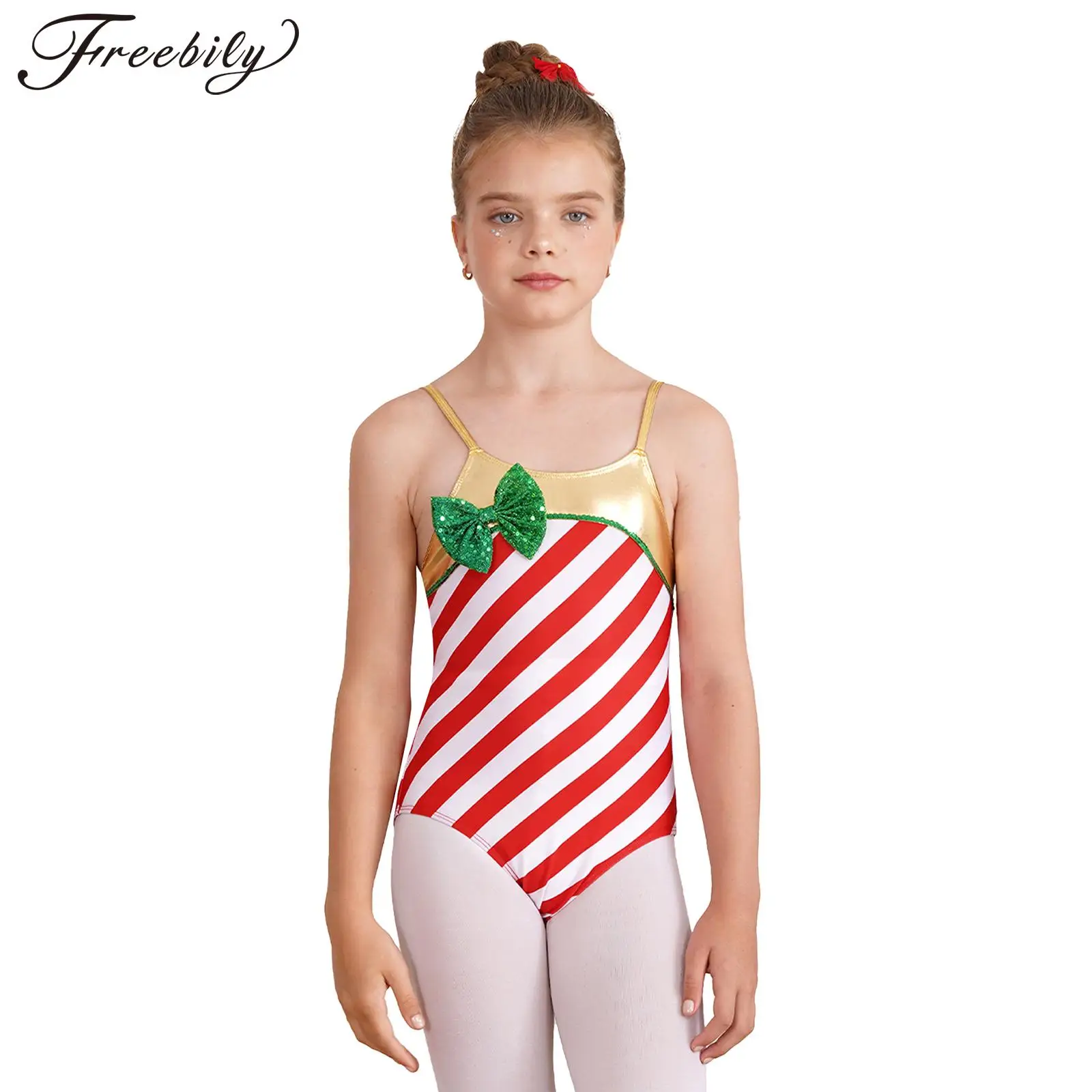 

Детский рождественский боди ярких тростей для девочек, балетный танец, фигурное катание, гимнастика, трико для йоги, полосатый комбинезон без рукавов с бантом
