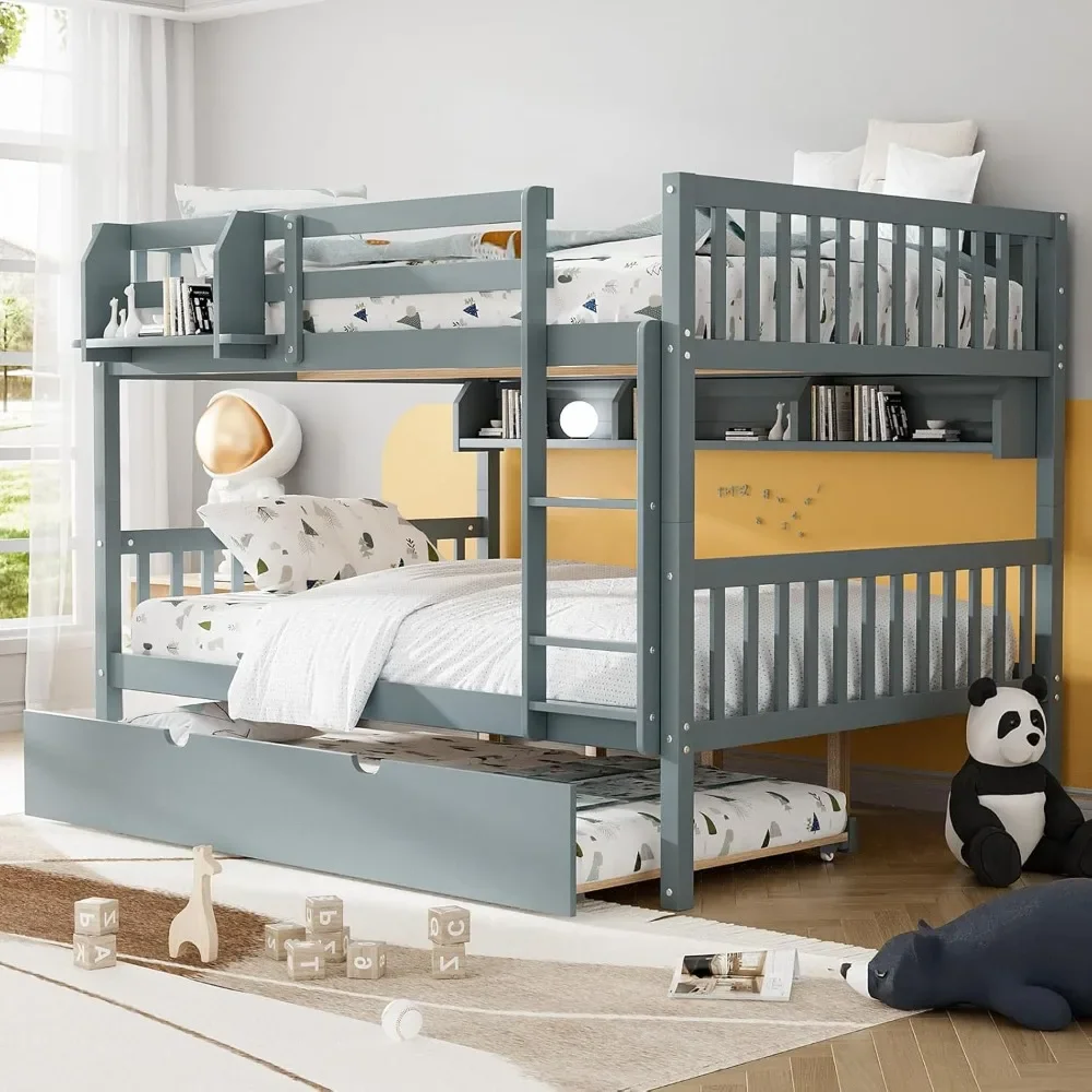 

Bunk Bed, Included Twin Trundle Bedsa and Built-in Shelves,with Ladder and Safety Rails for Kids, Teens,Convertible Platform Bed