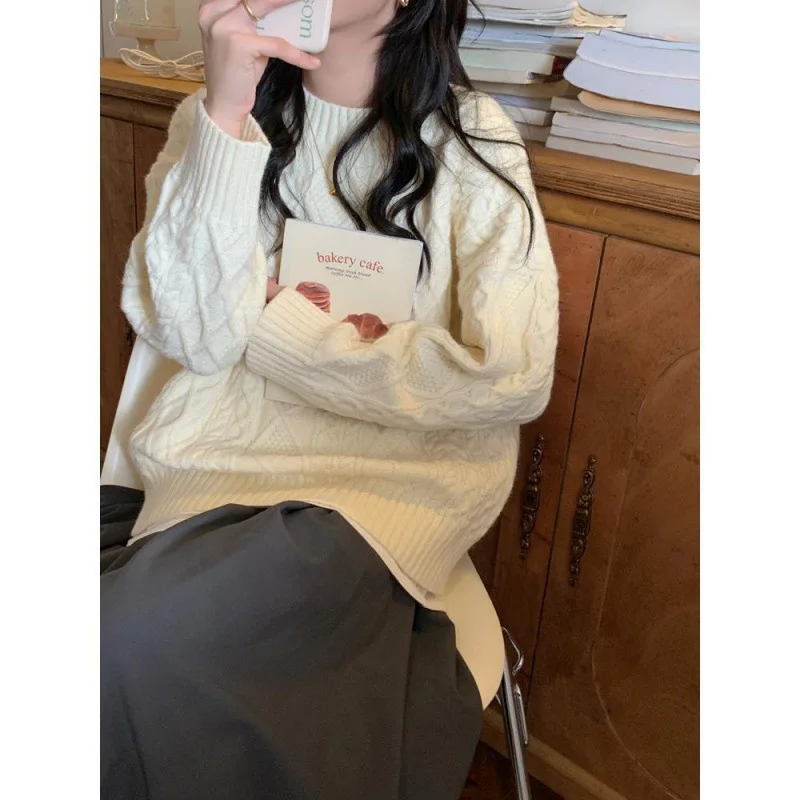 بلون تنوعا فضفاض طاقم الرقبة تريكو سترة المرأة الخريف الشتاء نمط جديد ملابس خارجية سترة الجولة الرقبة البلوز #3