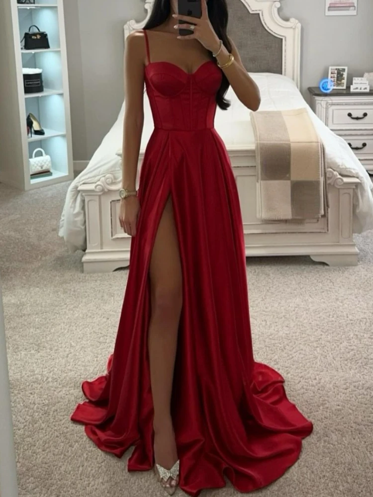 Customized Temperament Satin Evening Dress Vestidos Slit Elegant De Noche Simple Evening Robe Party Wedding Dresses Vintage Prom