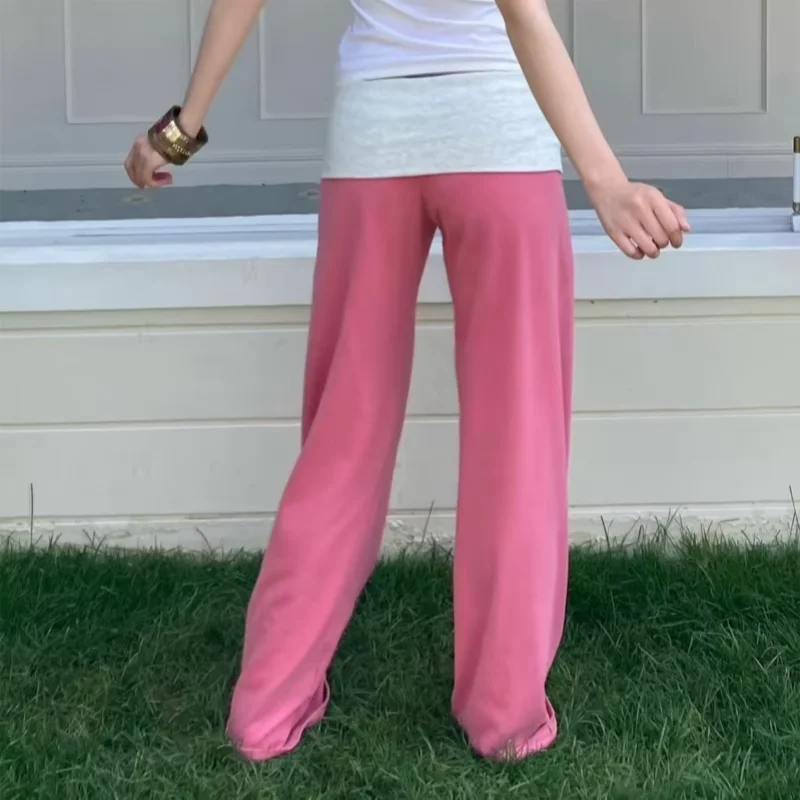 Women Pink Wide Leg Pants Fold Over Waist Low Rise Straight Leg Loose Fit Y2K Casual Streetwear Full Length Long Trousers Style