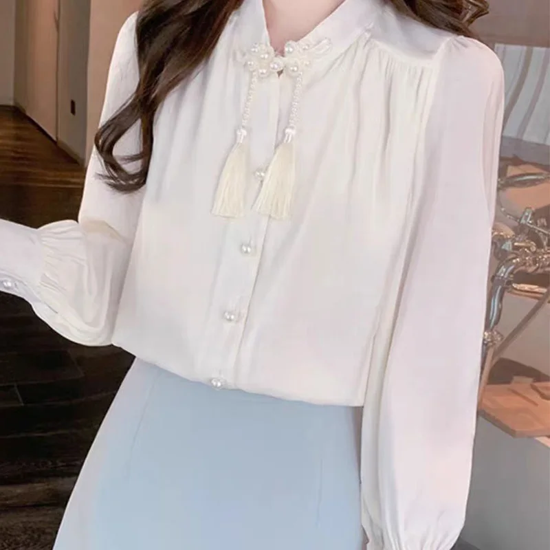 2024 New Summer Chinese Style Decorations Retro Loose Women's Shirt Office Lady Chiffon Button Turtleneck Long Sleeve Chic Tops