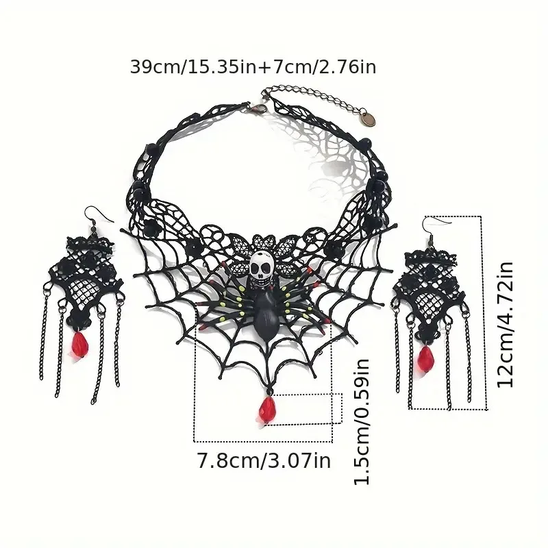 KMVEXO Goth Black Skull Spider Web Lace Necklace Earrings Set for Women Gothic Lace Up Crystal Bead Tassel Halloween Jewelry Set