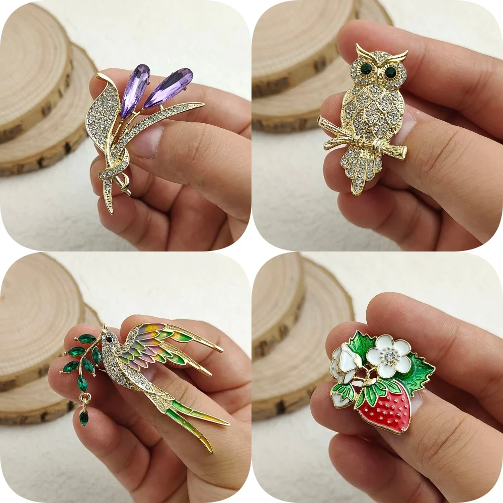Fashionable bird strawberry, owl tulip brooch, metal button to fix clothes, anti-exposure pin for women, wedding party gift