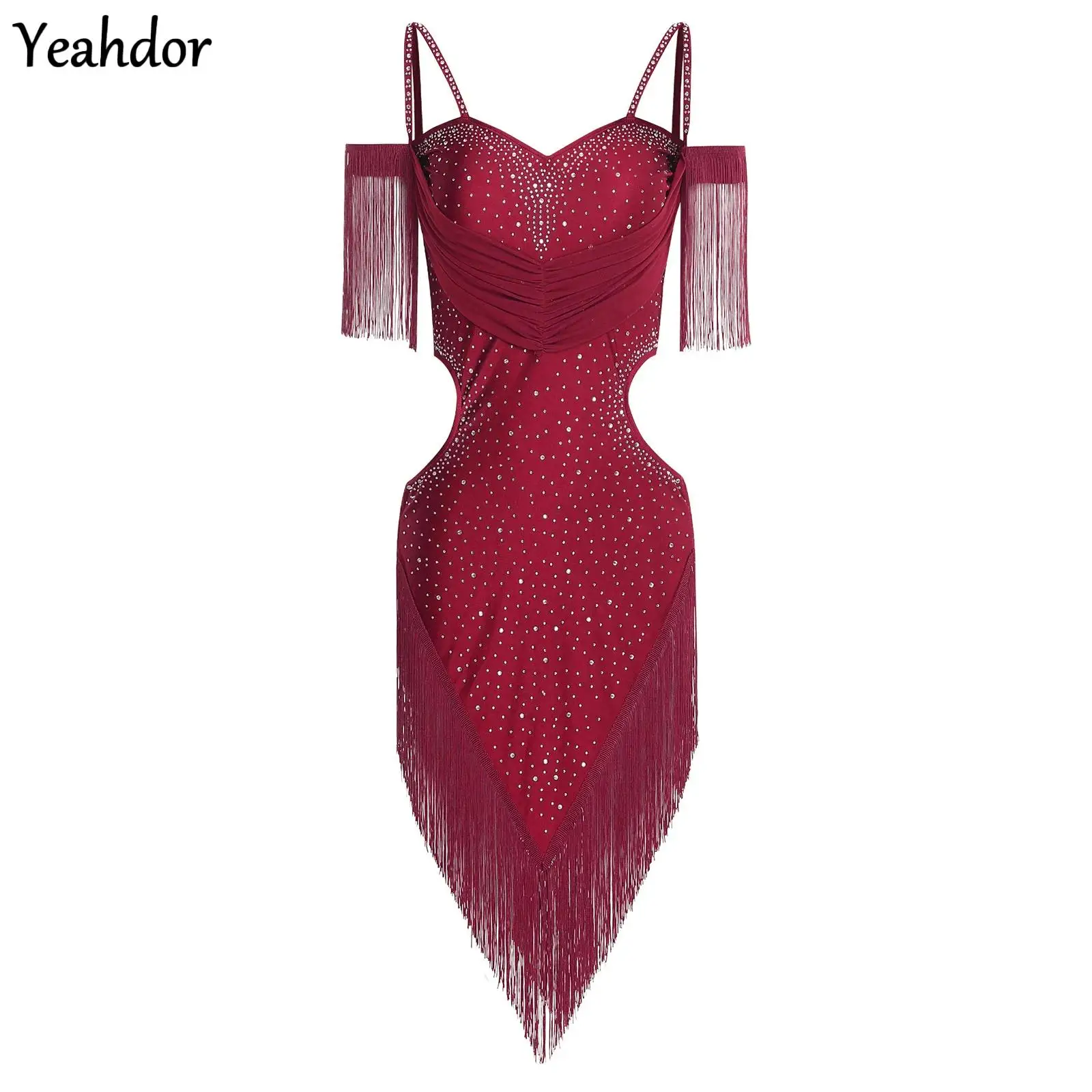 

Women Tassel Latin Dance Dress Cha-Cha Tango Salsa Ballroom Dance Costume Cutout Back Fringed Rhinestones Skating Performance