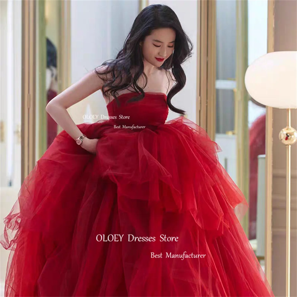 OLOEY Strapless Red Prom Dresses Korea Photoshoot Tiered Silky Organza Formal Evening Dresses Perform Gown Customized Corset Zip