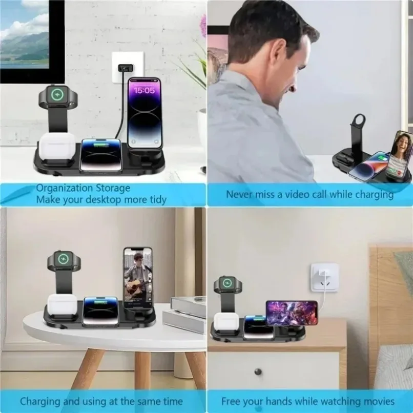7 في 1 محطة شاحن لاسلكية حامل هاتف حامل آيفون 17 ~ 12 برو ماكس سامسونج S25 S24 Airpods Pro 3 محطة شحن سريعة