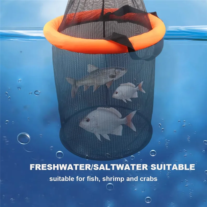 

ABVH-Floating Fishing Bait Basket Portable Foldable Fish Keeper Live Fish Net Cage With Wear-Resistant Mesh
