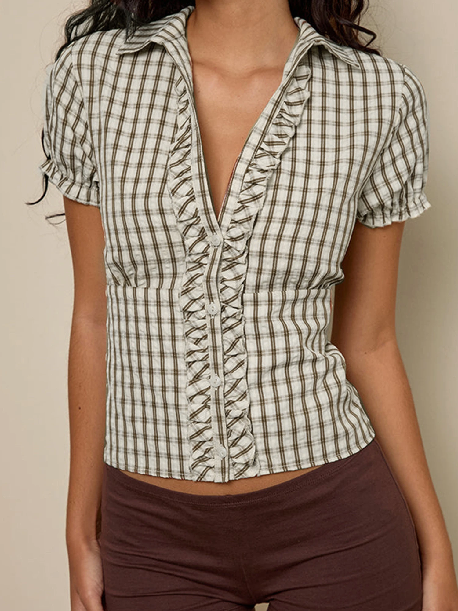 

Stylish Off-Shoulder Blouse for Women Elegant Ruffle Trim V Neck Short Sleeve Crop Top Fit Bubble Shirt