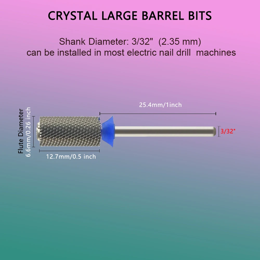 6.6mm Crystal Top Large Barrel Bits, Carbide Acrylic Nail Drill Bits,Electric Manicure Burrs Accessories Gel Removal