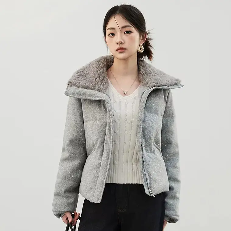 2026 Women Winter Cropped Padded Jacket Coat Thick Fabric Big Faux Fleece Lapel Collar Drawstring Hem Zipper Pockets Parkas Coat