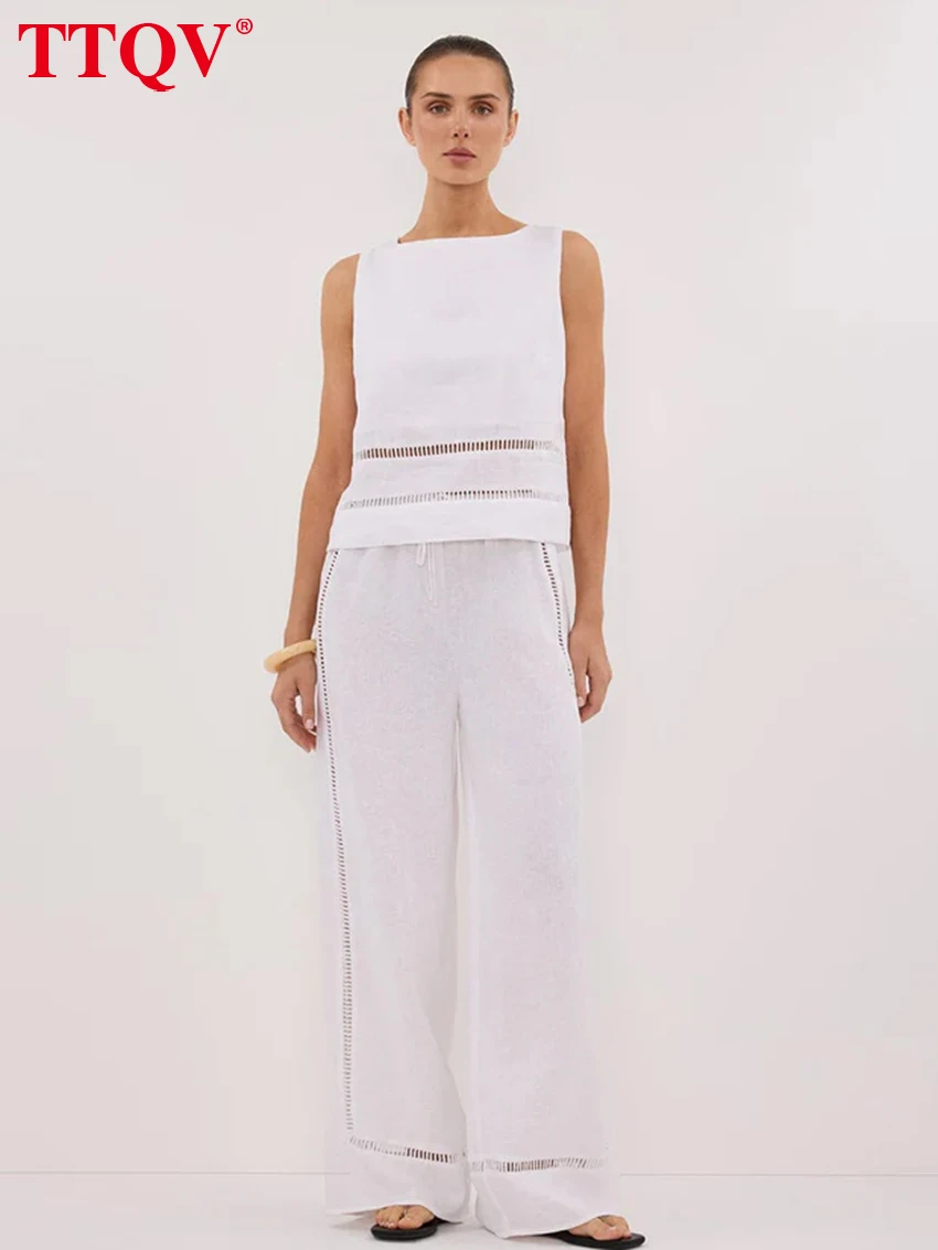 

TTQV Summer Loose White Cotton 2 Piece Set Women Fashion Sleeveless Tank Top With High Waist Wide Pants Set Female Streetwear