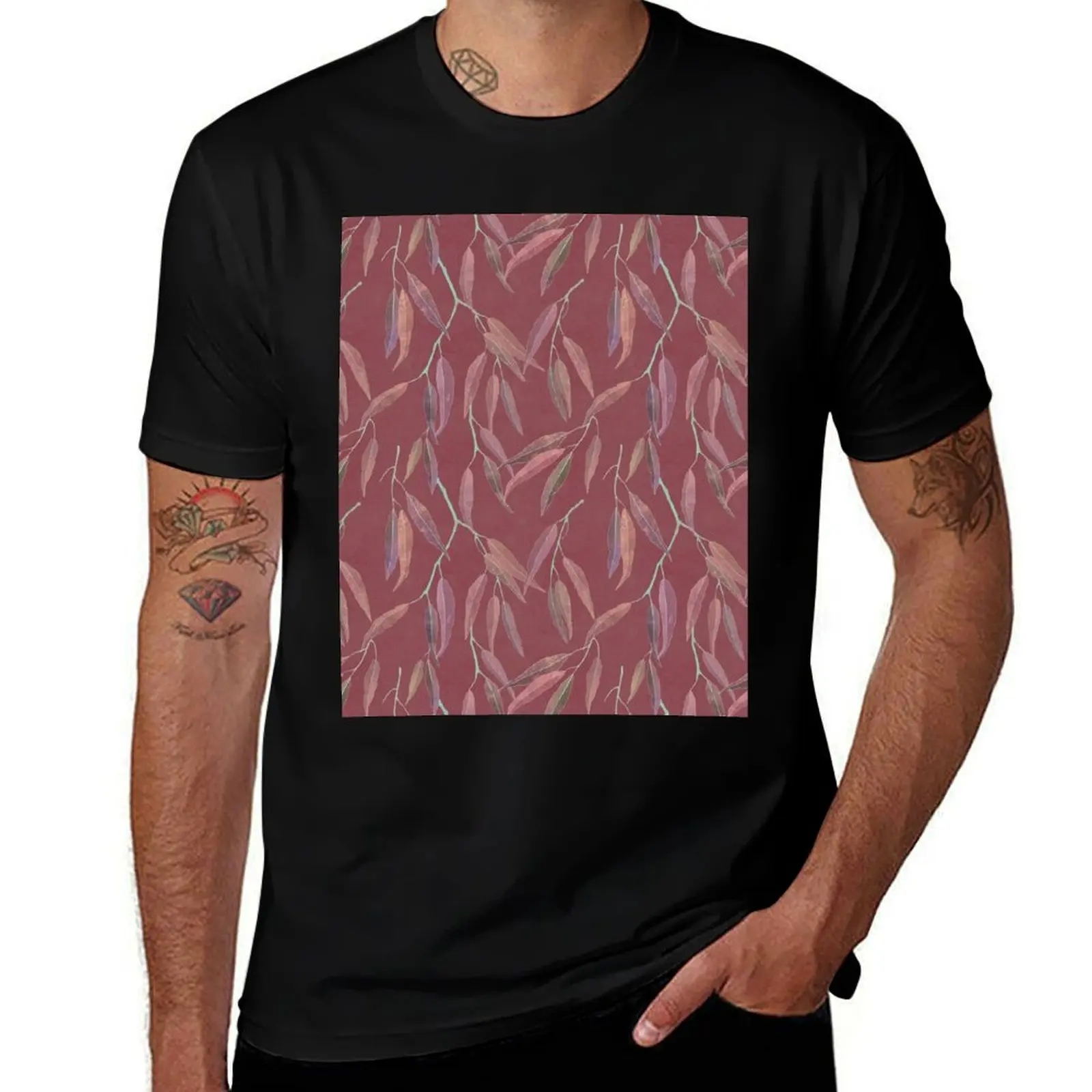 Eucalyptus leaves on marsala T-Shirt No Iron Casual Short Sleeve Top T-Shirt