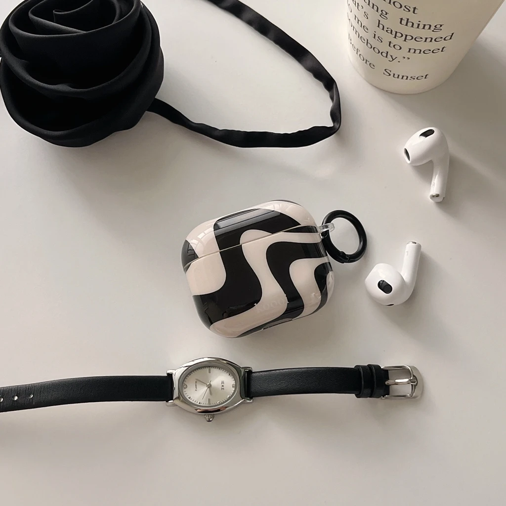 Ins Black White Curves Hooks Shockproof Protective Case Cover for AirPods 1 or 2 3  4 AirPods Pro 2 Pro 3