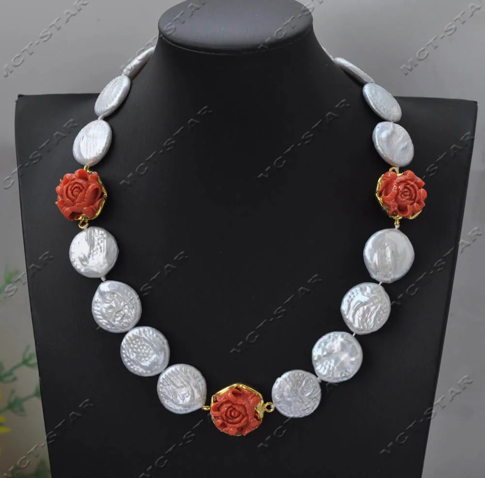 Z13584 Set 18" 20mm White Coin Freshwater Pearl Pink Resin Flower Necklace Earring Custom Jewelry view 3