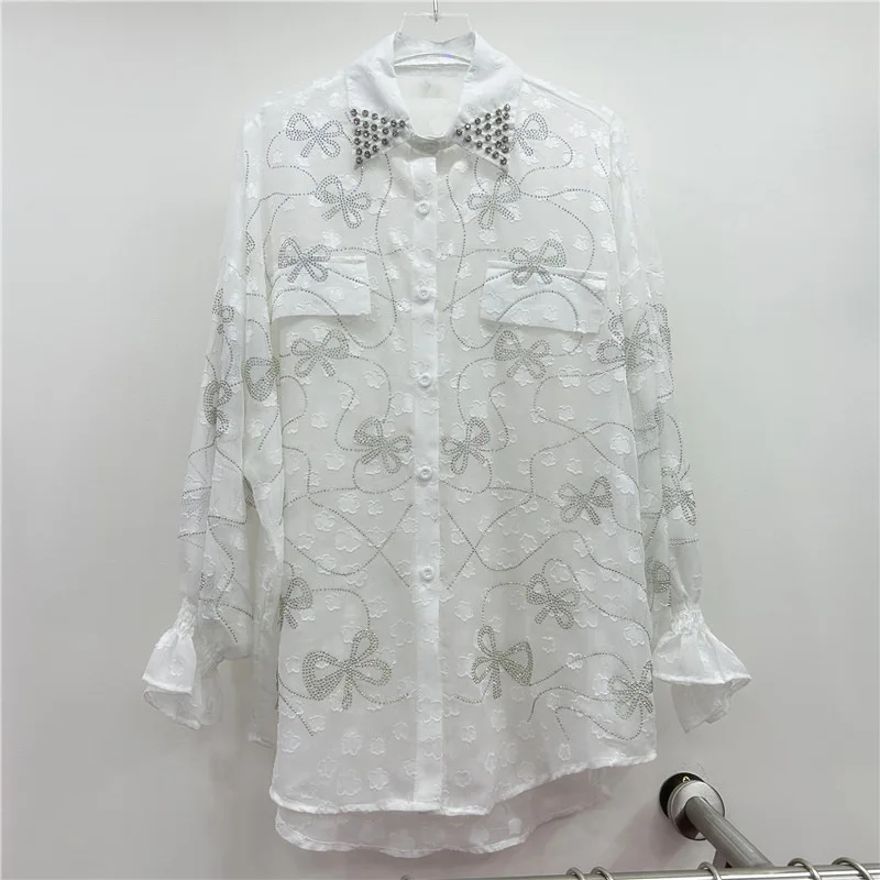 

2025 Summer New Fashion Heavy Butterfly Rhinestone Turn-Down Collar Long Sleeve Shirt Stylish Versatile Loose Top