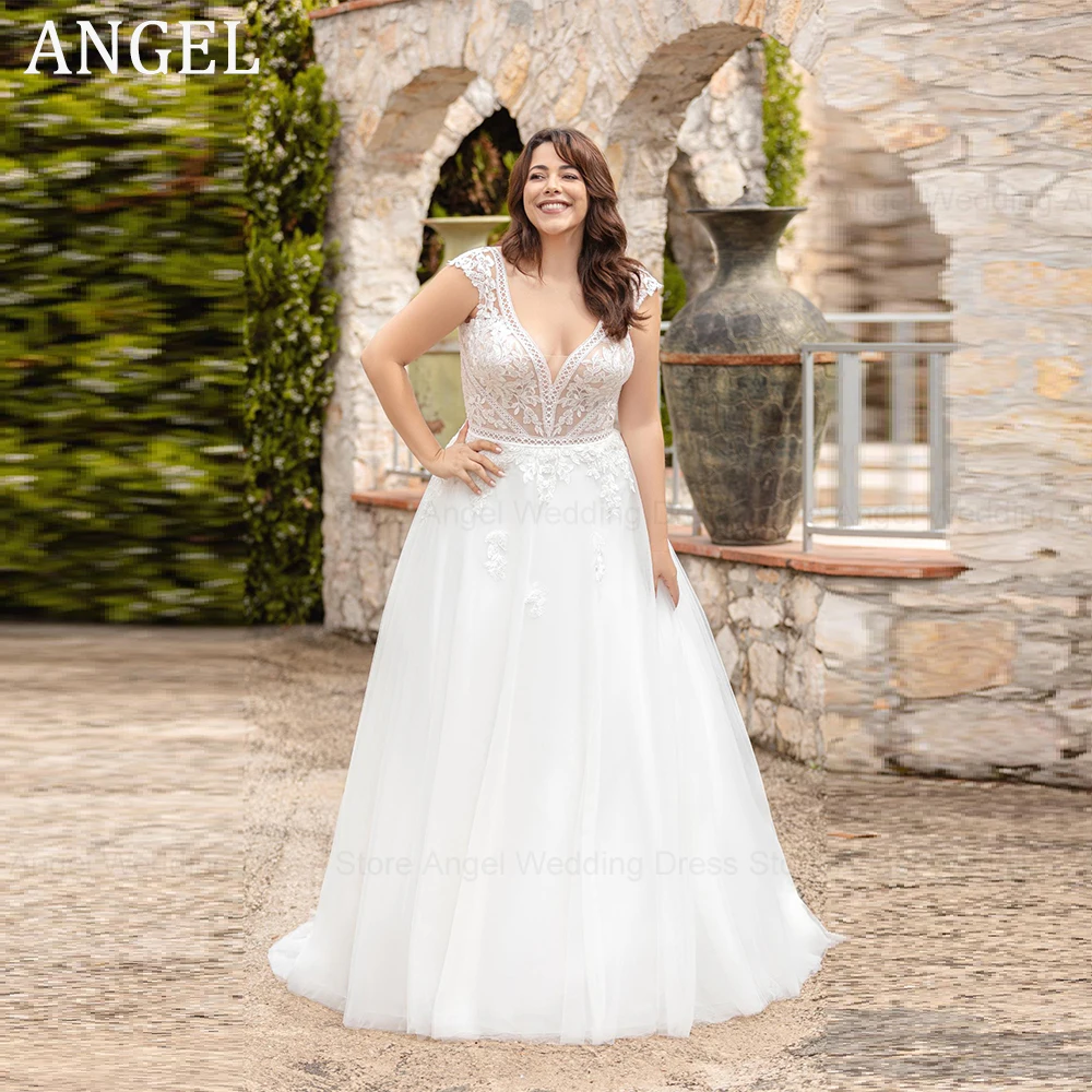 

ANGEL Classic Plus Size Wedding Dresses 2024 A-Line V-Neck Lace Appliques Bridal Gowns Cap Sleeve Sweep Train Vestido de Novia