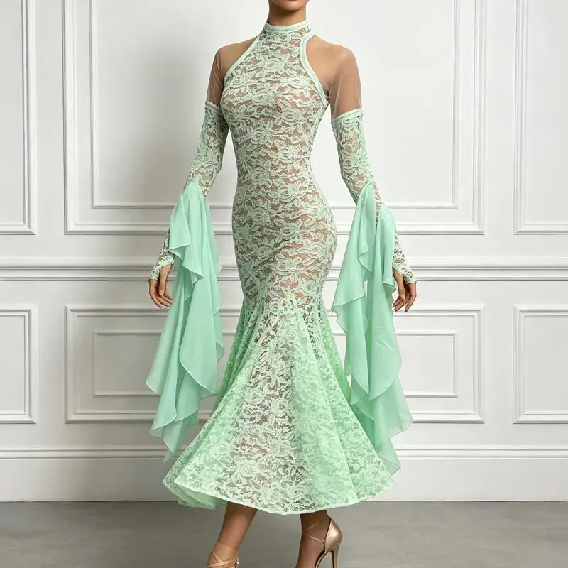 2026 Modern Dance Daily Practice Art Test Show Hollow Lace Slim-fit Style Floating Sleeve Large Dress W26002B