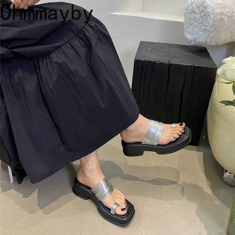 2024 Summer Platform Women Slippers Fashion Elegant Clip Toe Narrow Band Slides Ladies Casual Wedges Heel Beach Sandalias