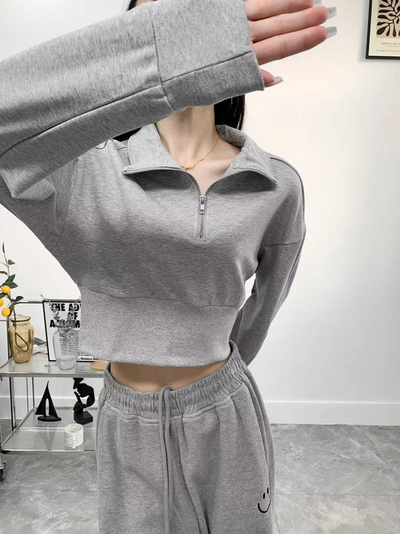 Harajuku offener Reiß verschluss umdrehen Kragen voller Ärmel kurz geschnittenes Sweatshirt Frauen Revers lose kurze lässige Pullover schwitzt